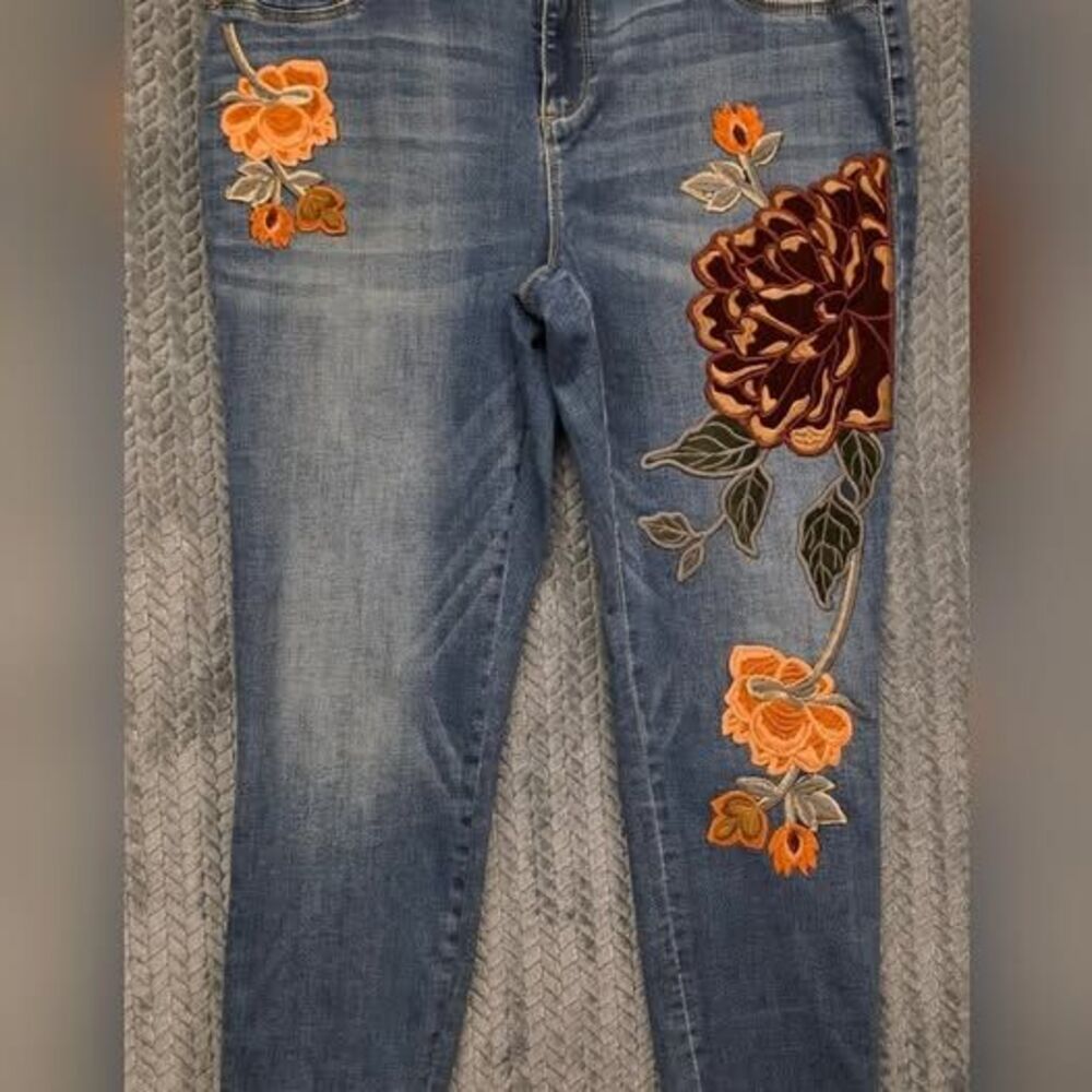 Chico's Blue Denim Jeggings with Orange & Brown Floral Embroidery
